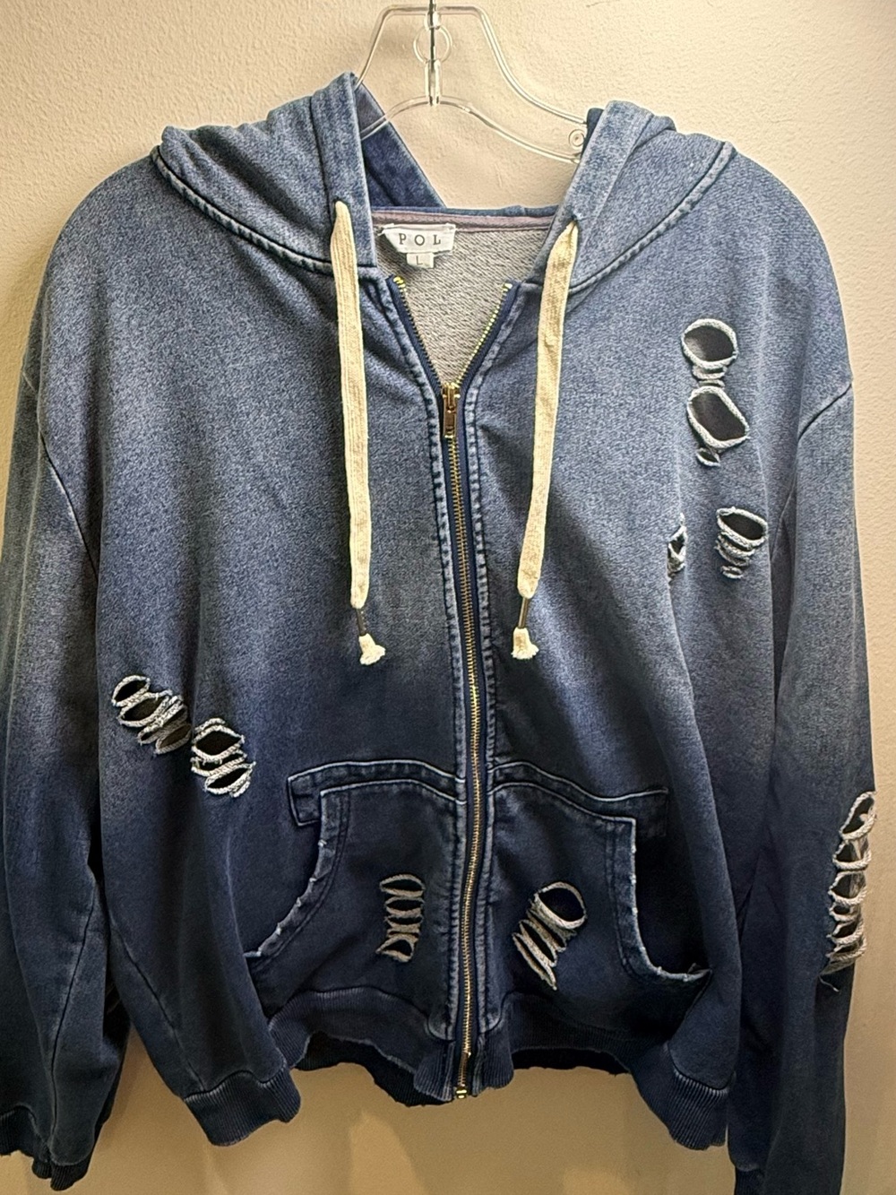 POL Distressed Washed Blue Zip Up Hoodie Size L Oversized Grunge